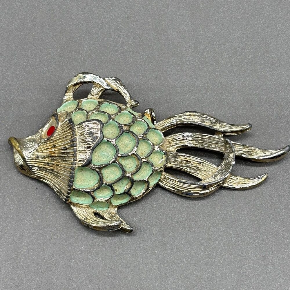 Vintage Fish Brooch Gold Tone Green Enamel Scales Figural Pin Red Eye 2.75"